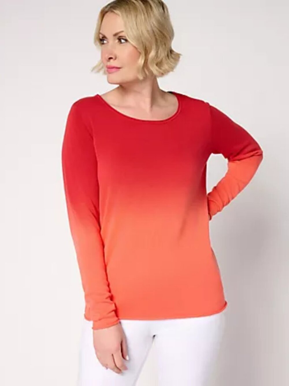 Women with Control 100% Cotton Printed Ombre Sweater, Red Sz S a696410